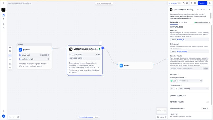 The Video to Music node selected on the Dify canvas, with its settings panel showing the video input, style prompt, and output format