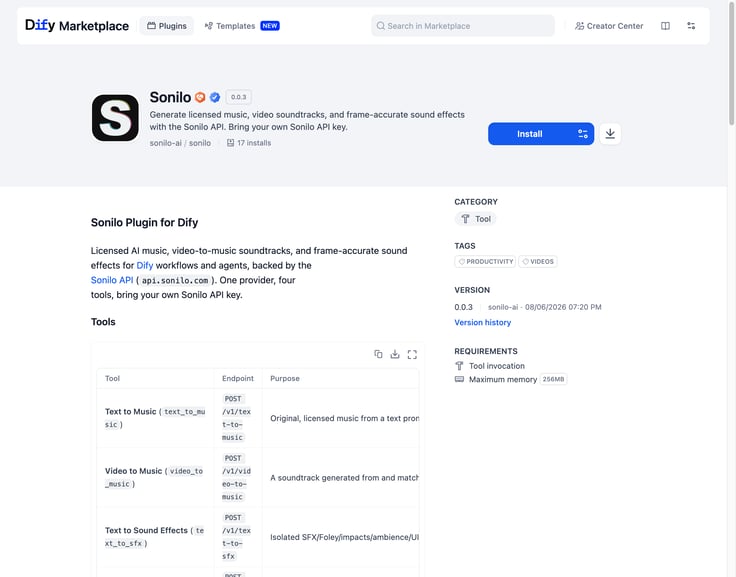 Sonilo plugin listing on the Dify Marketplace, showing the install button and the plugin's four tools