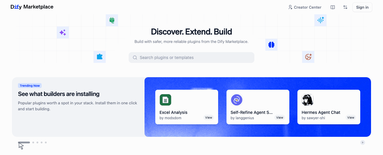 Marketplace banner carousel. A rotating featured area that brings timely plugins, templates, updates, events, and partner campaigns into view.